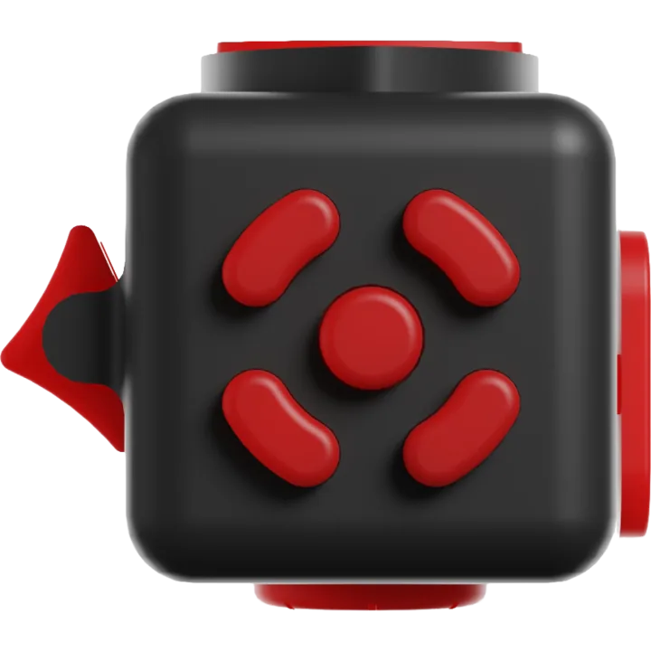 Fidgii's button side: five red clicky buttons in a cross pattern.